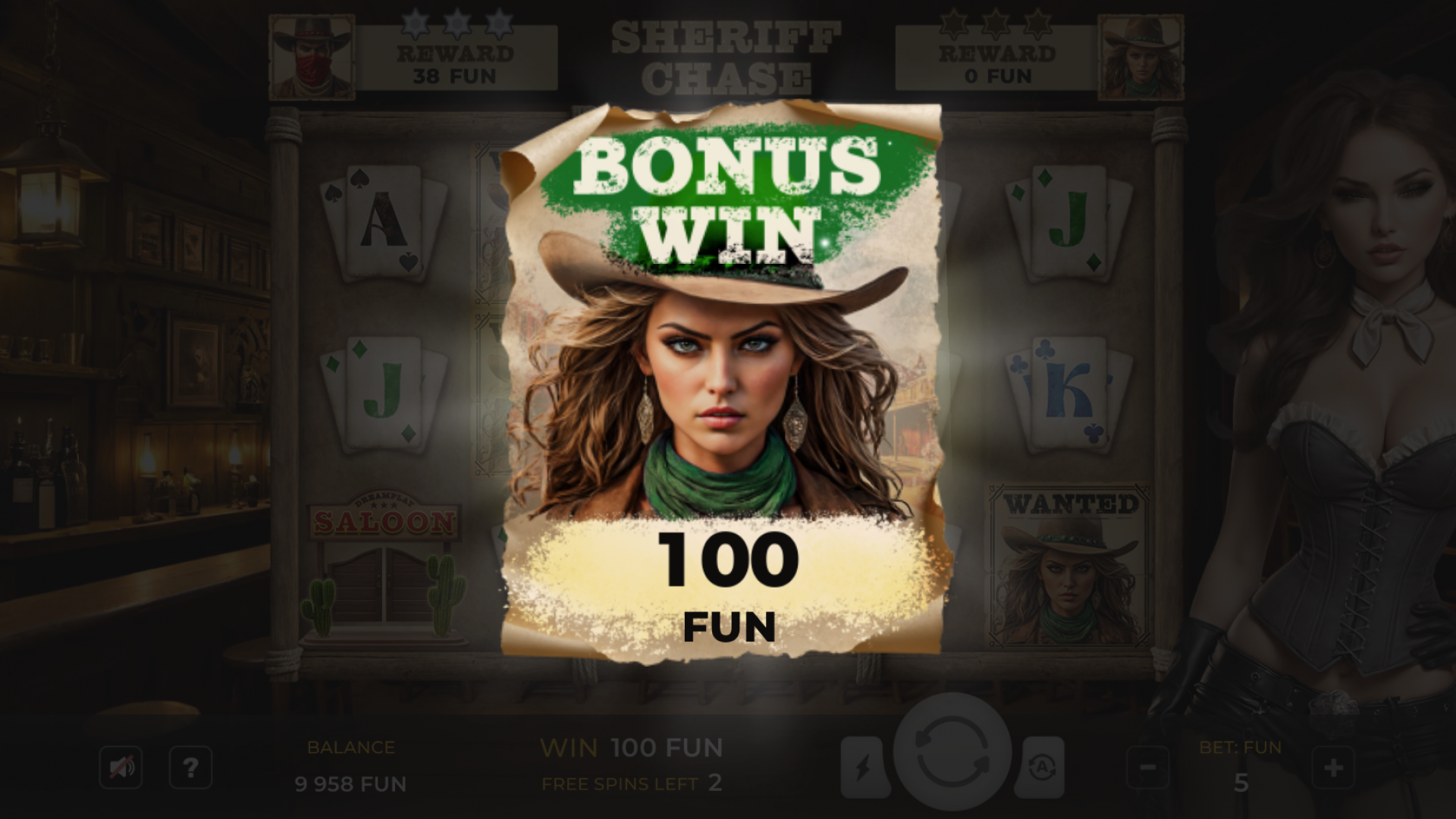 Sheriff Chase – Free Spins Triggered Screenshot showing the activation of 10 Free Spins in Sheriff Chase, with a saloon backdrop and a female sheriff.