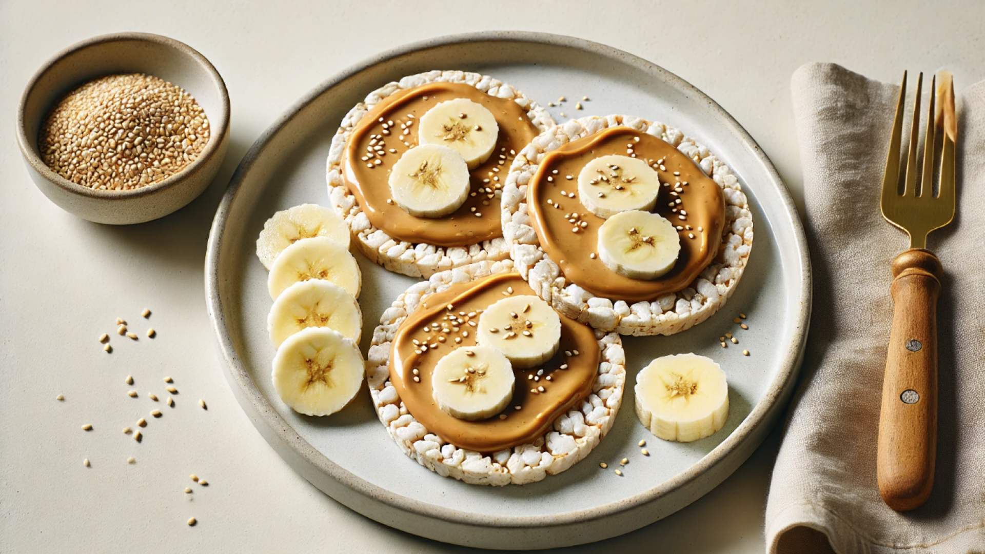 Rice Cakes with Peanut Butter Rice cakes topped with creamy peanut butter, served as a quick, healthy snack.