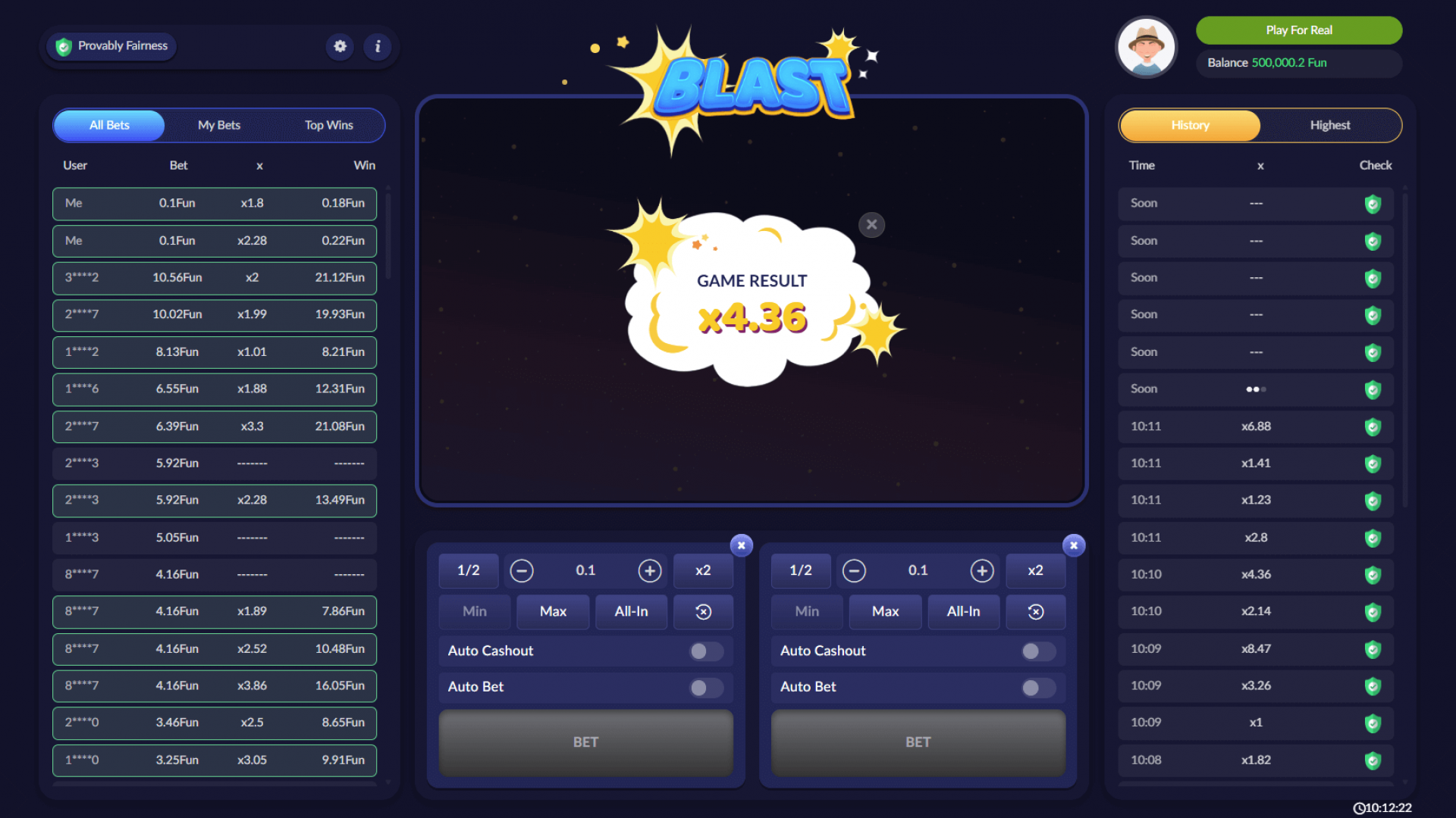 Blast Game Result – Win Summary and Multiplier Outcome Display of win summary with multiplier result in Pascal Gaming’s Blast crash game