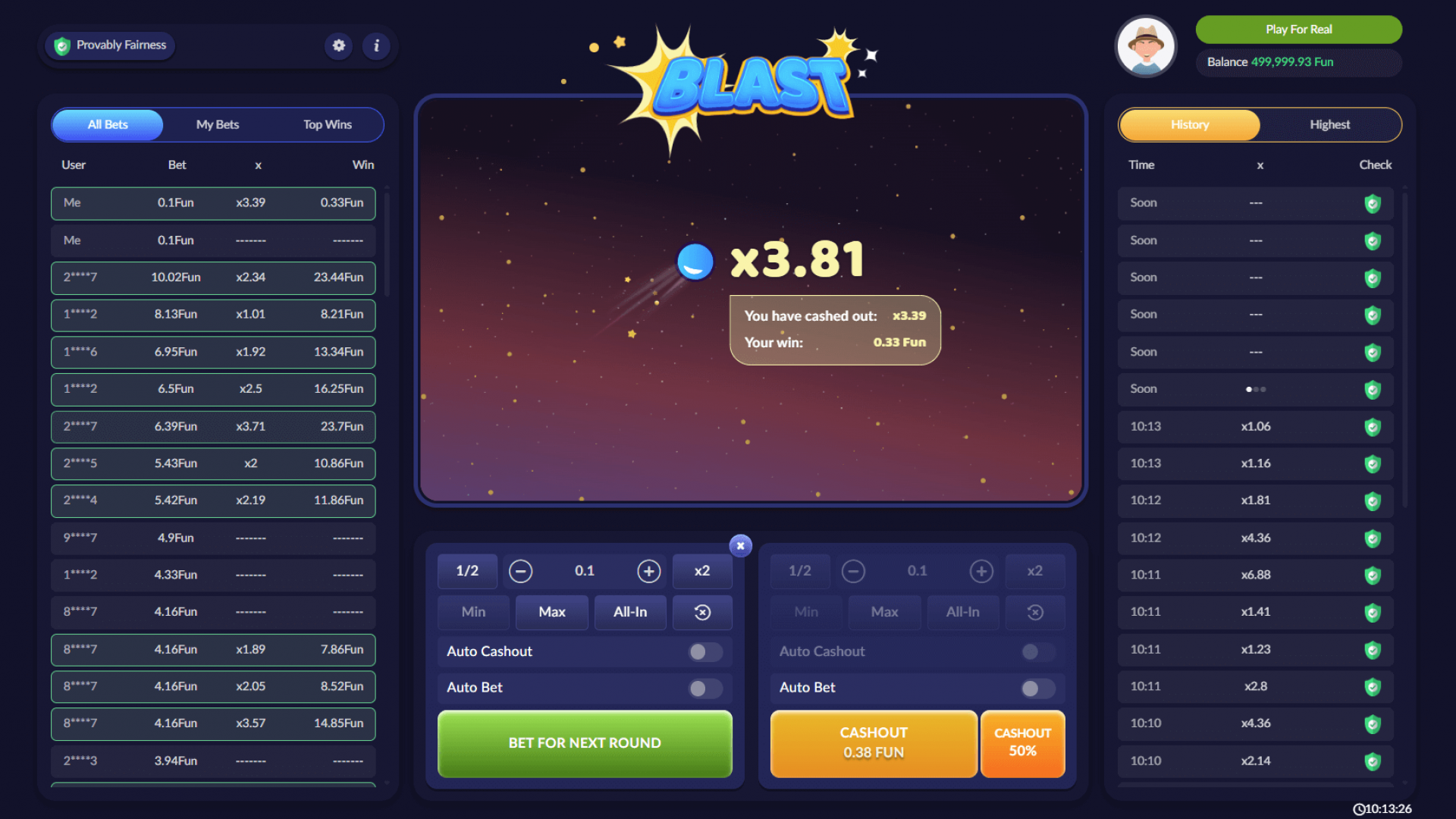 Medium Win Highlight – Pascal Gaming’s Blast Crash Game Mid-range win displayed during crash gameplay in Blast by Pascal Gaming