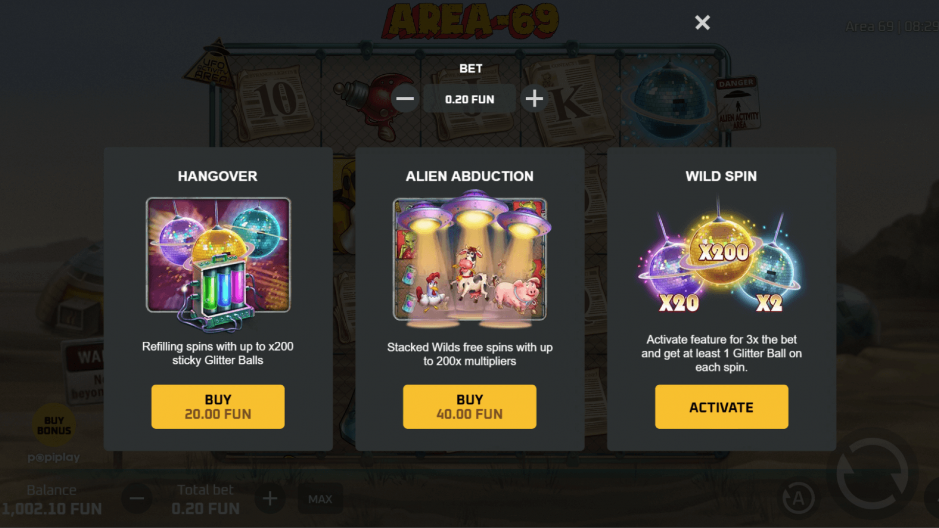 Bonus Buy menu showing Hangover, Alien Abduction and Wild Spin options. Bonus Buy menu showing Hangover, Alien Abduction and Wild Spin options.