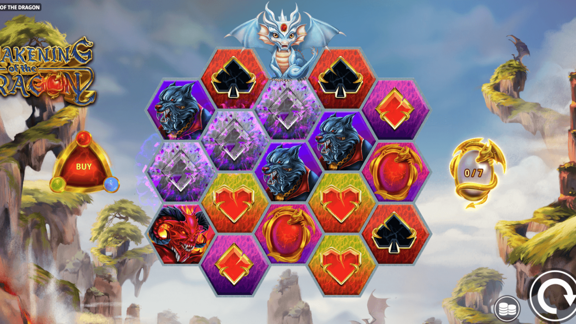 Awakening of the Dragon – Base Game View with Reels and Meter Gameplay showing the base game reels with dragon symbols and Awakening Meter at 0/7.