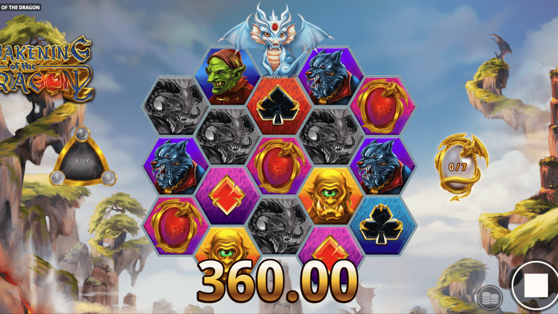 Awakening of the Dragon – Base Game Win Screen Winning combination in base game with payout of 360.00 displayed on screen.