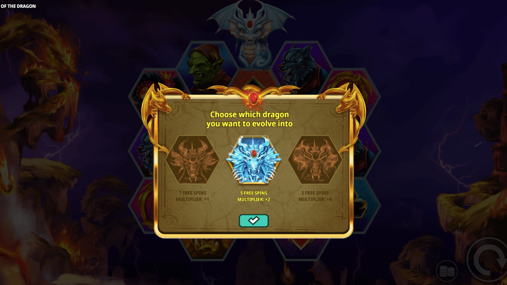 Awakening of the Dragon – Dragon Selection for Free Spins Free Spins mode start screen showing dragon selection and multipliers.