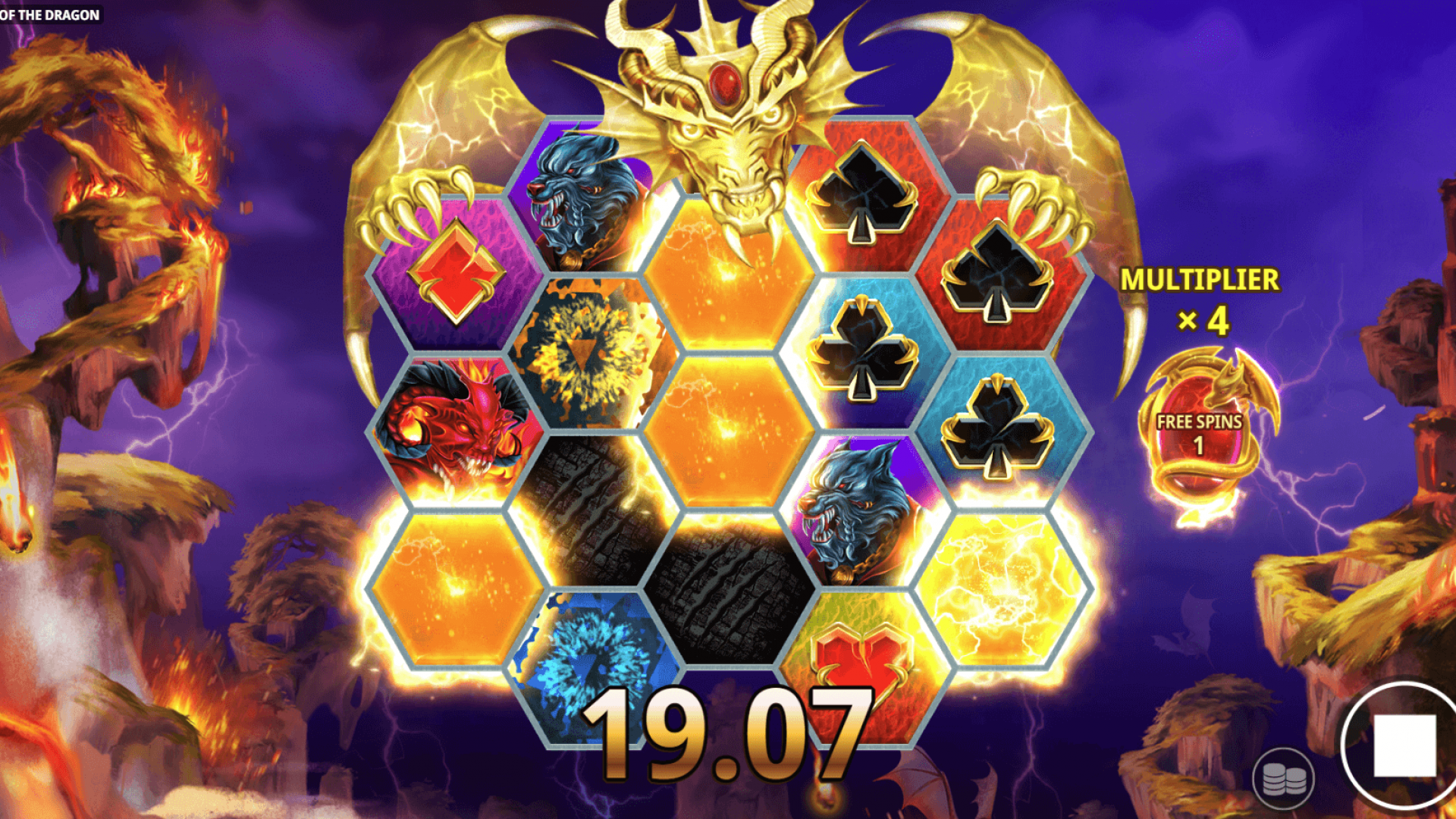 Awakening of the Dragon – Free Spins Gameplay with Multiplier Active Free Spins round showing multiplier x4 and golden dragon animation.