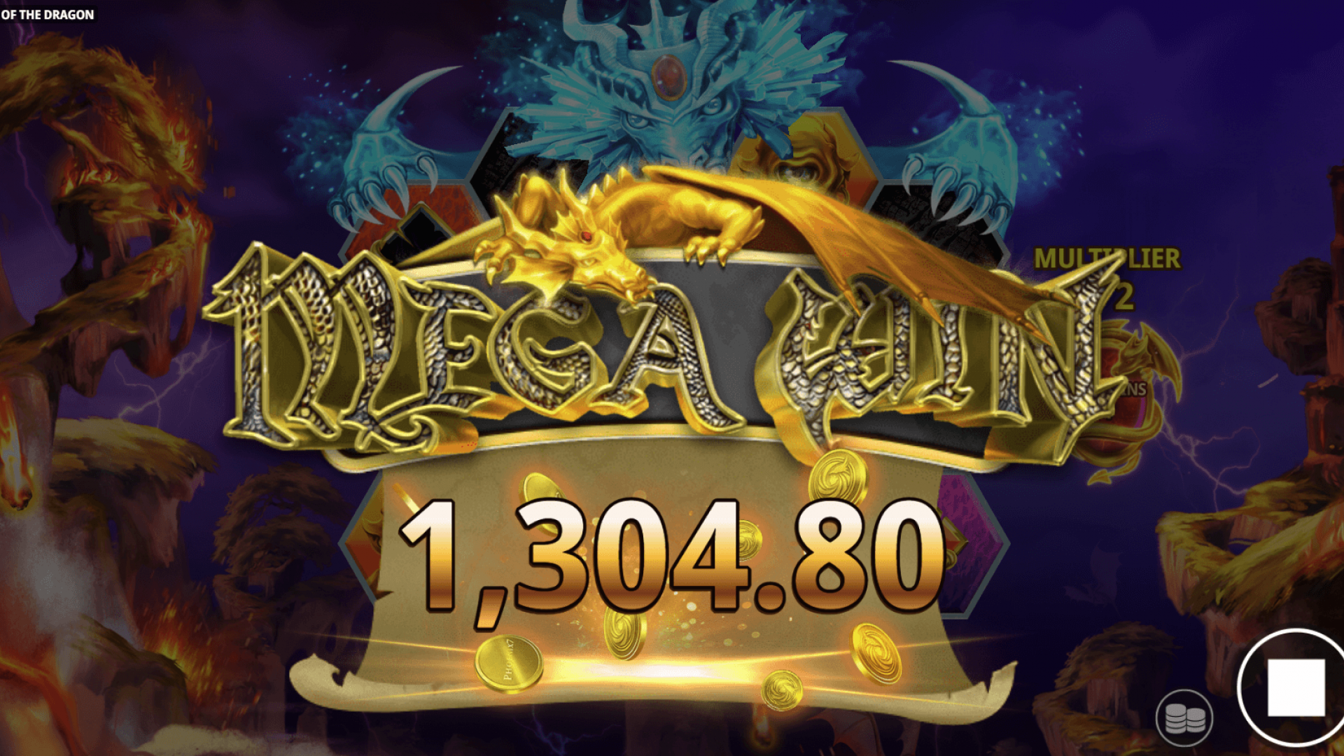 Awakening of the Dragon – Mega Win Celebration Screen Mega Win display during Free Spins with golden dragon and payout of 1304.80.