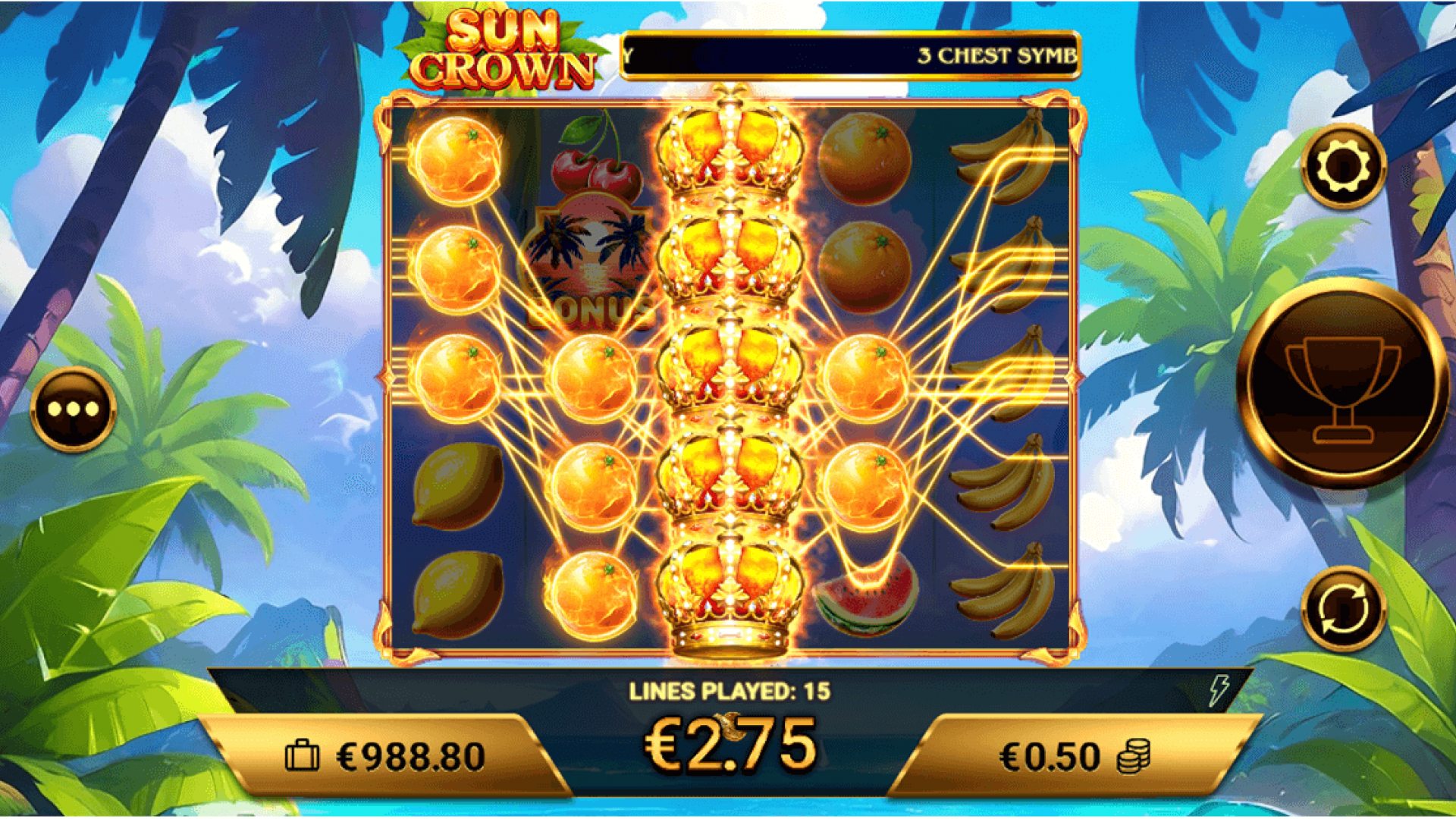 Sun Crown Welcome Screen Welcome screen of the Sun Crown game by Amigo Gaming, featuring vibrant graphics and an inviting start button.