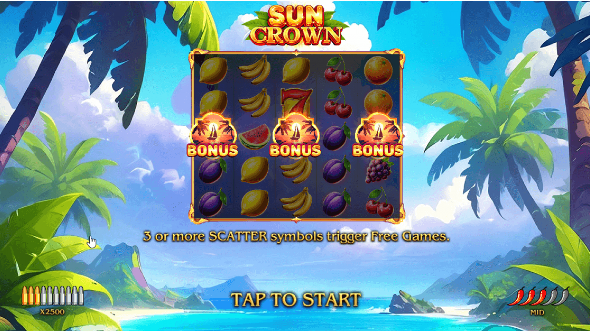 Sun Crown Bonus Game Trigger Moment when the bonus game is triggered in Sun Crown, indicating the combination of symbols that activated the bonus round.