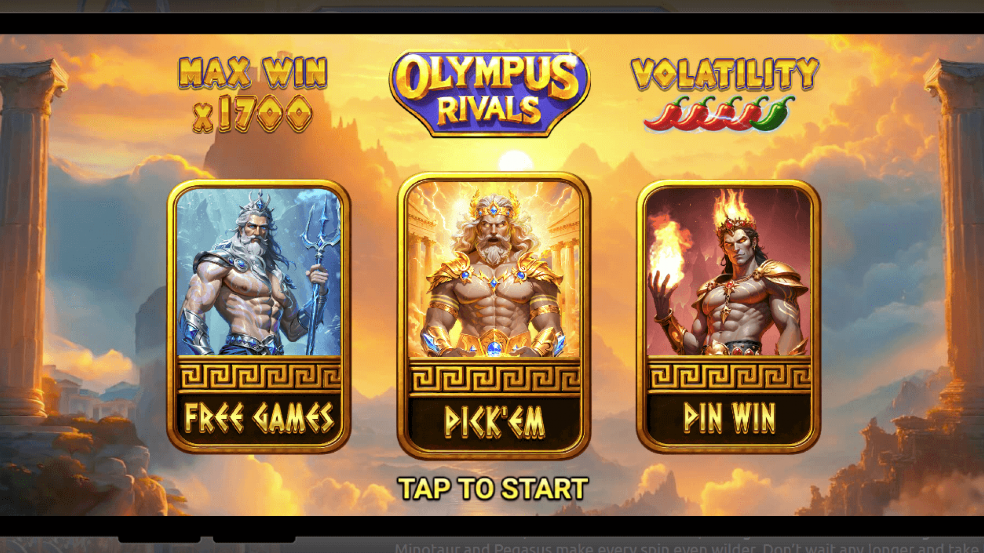 Olympus Rivals — Start Screen & Feature Menu (Amigo Gaming, HTML5 iGaming) Start screen of Amigo Gaming’s Olympus Rivals showing Max Win 1,700×, volatility meter, and Free Games / Pick’em / Pin Win options—HTML5 iGaming slot ready via Timeless Tech game aggregator.