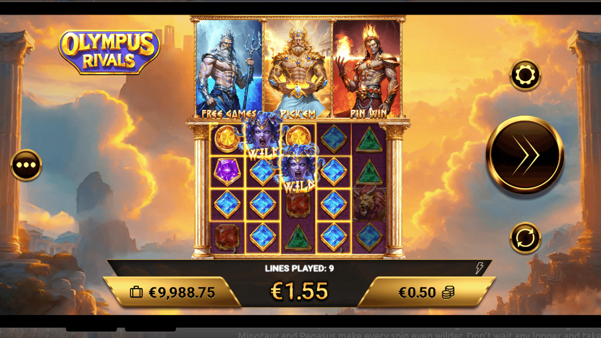 Olympus Rivals — Base Game on 4×5, 50 Lines with Wilds (Amigo Gaming) Core reels of Olympus Rivals showing Greek gems and Medusa Wilds—Amigo Gaming’s 4×5, 50-line HTML5 iGaming slot distributed via Timeless Tech game aggregator.