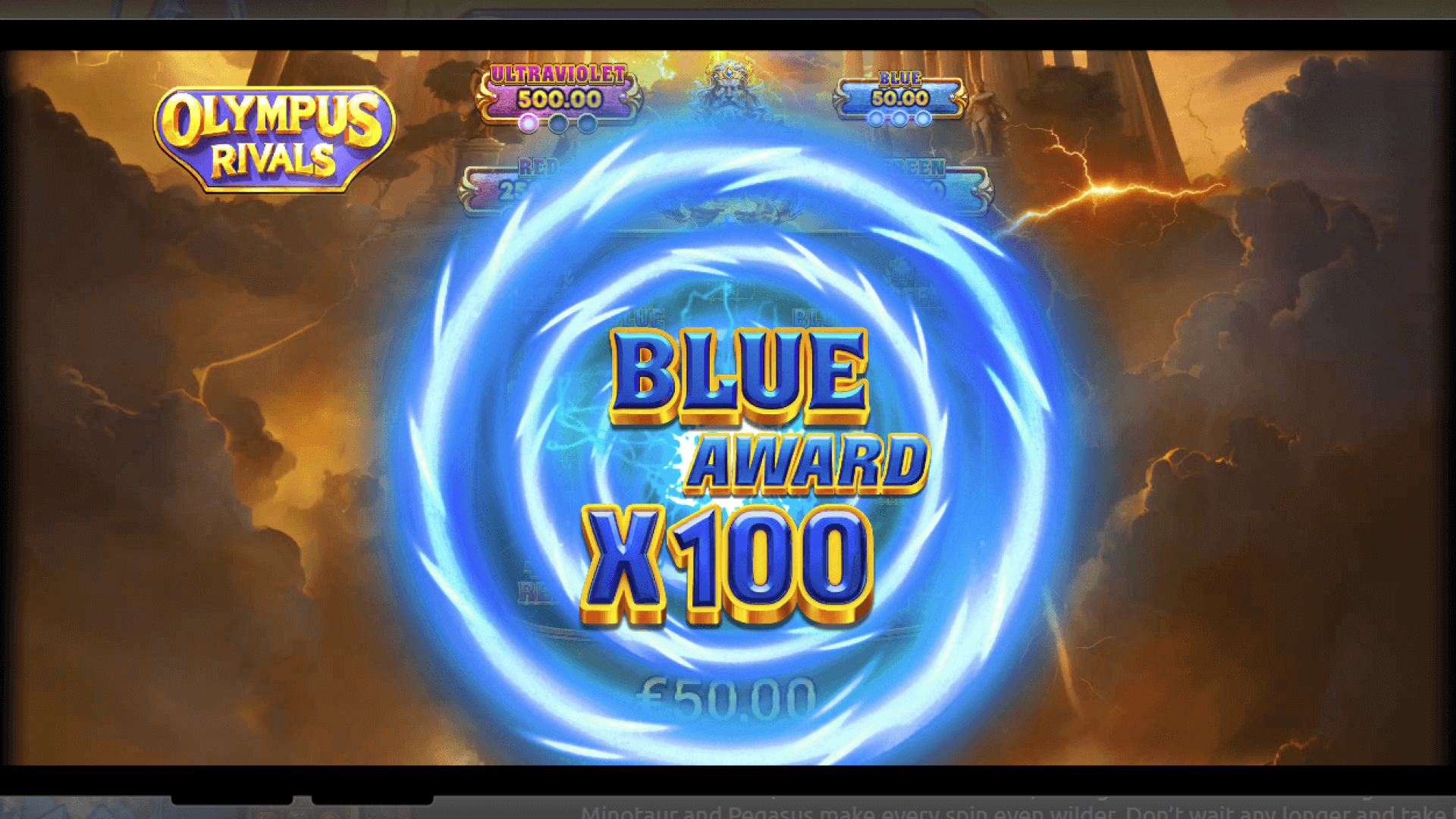 Olympus Rivals — Blue Award x100 Win Screen (Pick’em Bonus) Blue Award ×100 animation during the Pick’em Bonus in Olympus Rivals—high-impact moment from Amigo Gaming’s HTML5 iGaming slot.