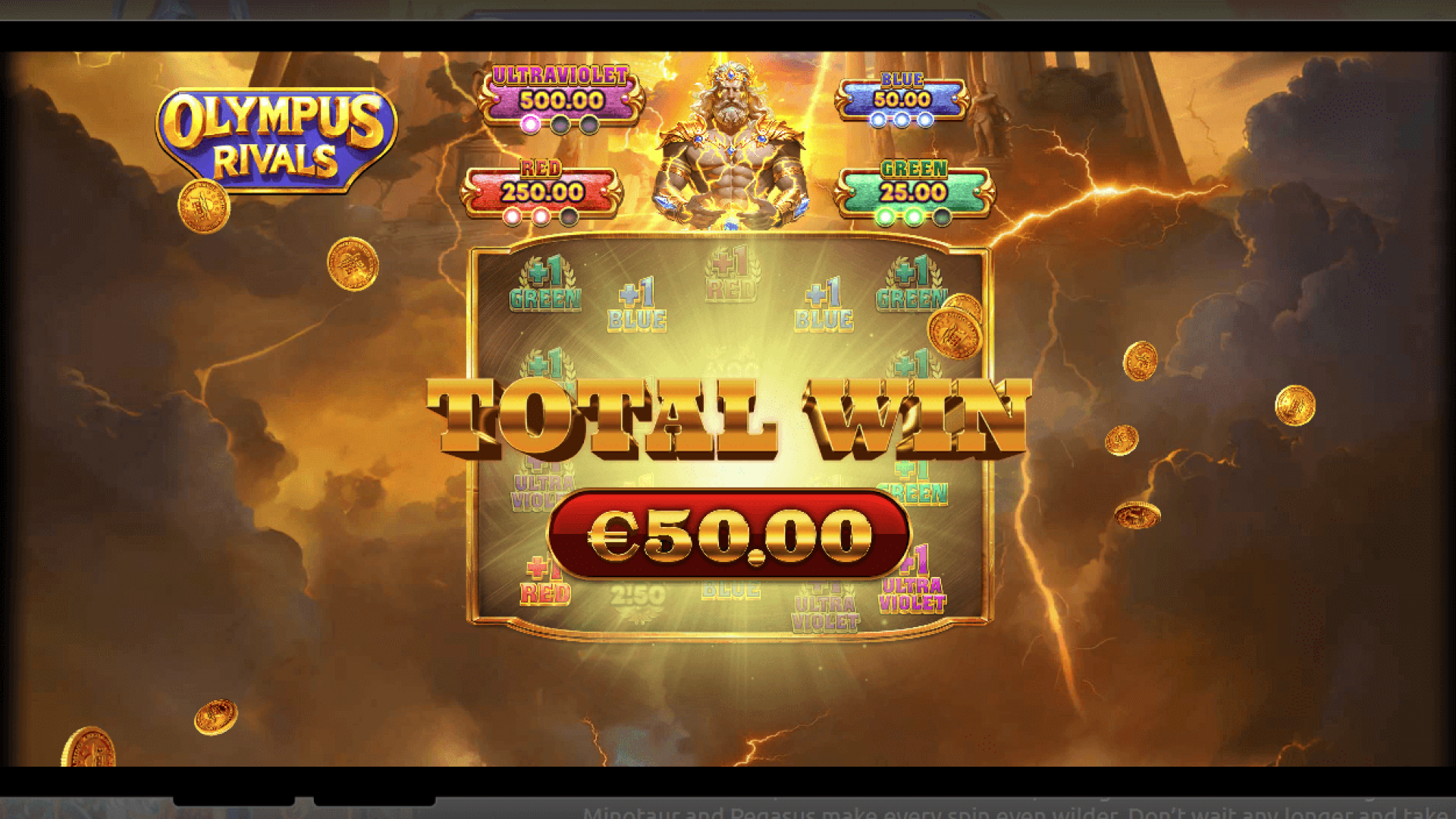 Olympus Rivals — Total Win Result Screen (Amigo Gaming) Total Win payout screen with coin burst in Olympus Rivals—clear outcome messaging in Amigo Gaming’s HTML5 iGaming title, compatible with Timeless Tech game aggregator.