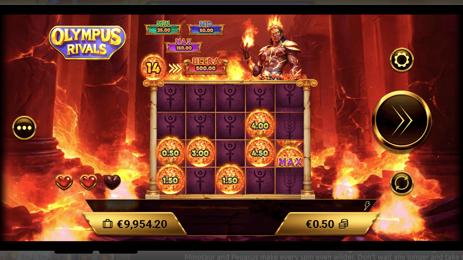 Olympus Rivals — Pin Win (Hold & Win-Style) Feature with Locked Orbs Pin Win bonus showing fiery board, locked prize orbs, and life counters—fast Hold & Win-style mode in Amigo Gaming’s Olympus Rivals for iGaming campaigns.