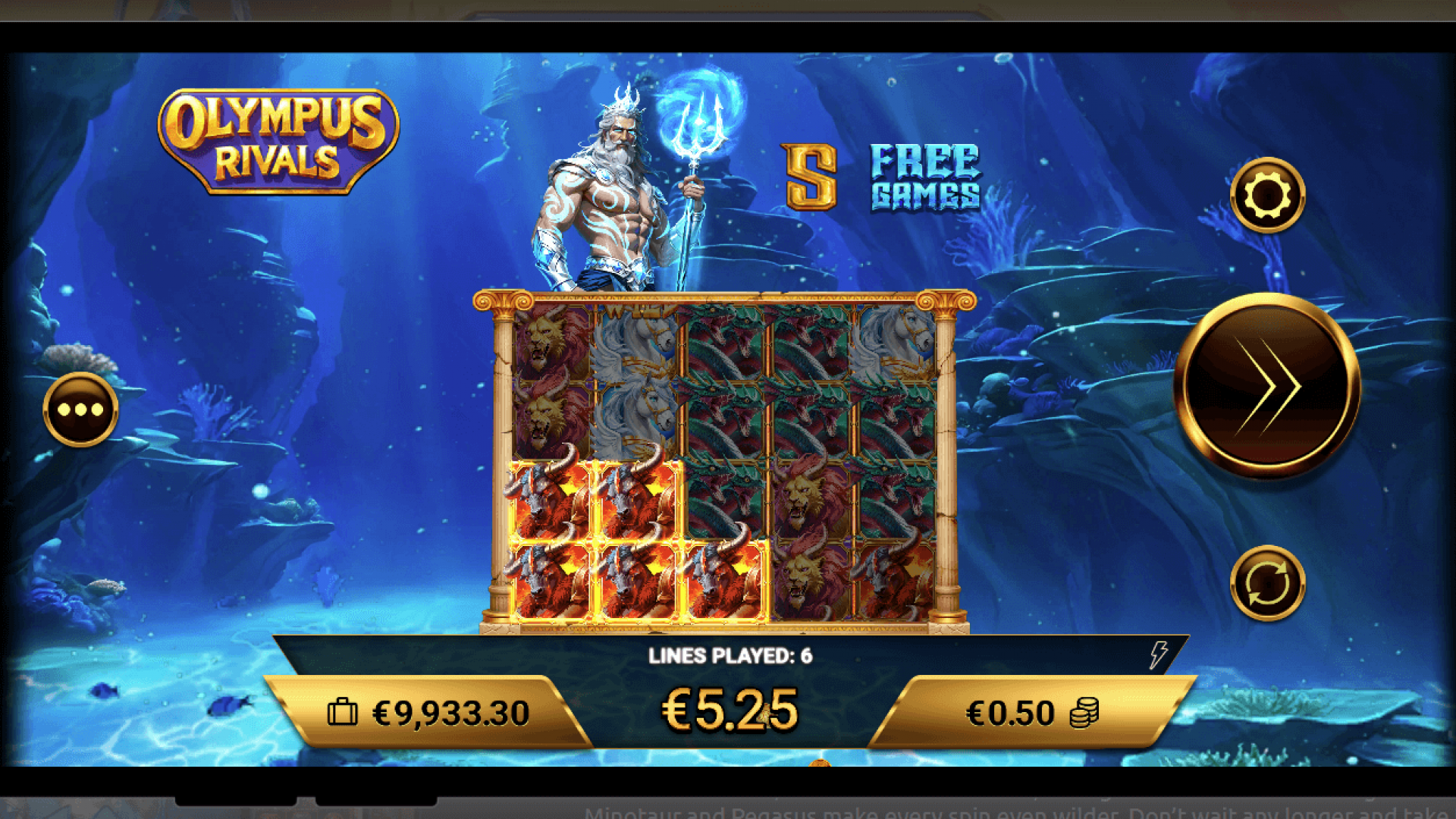 Olympus Rivals — Free Games Session with Stacked Symbols (Amigo Gaming) Free Games round under Poseidon setting with stacked highs and S Scatter—cinematic bonus play in Amigo Gaming’s Olympus Rivals, HTML5 iGaming slot via Timeless Tech.