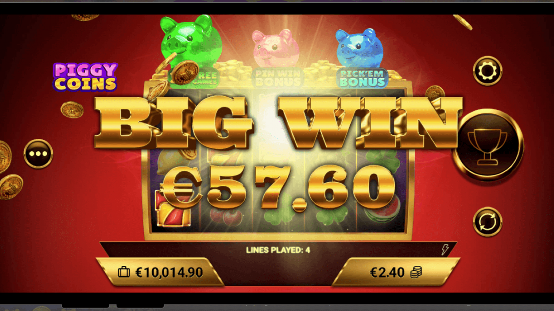 Um momento de vitória no Pin Win Bonus de Piggy Coins, exibindo um prêmio jackpot de 1.000x.