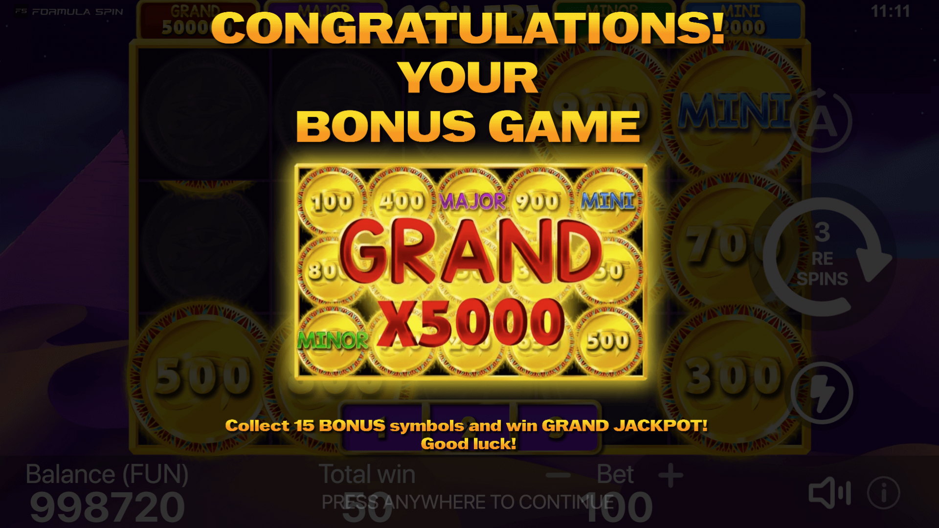 Coin Era Bonus Game Start – Formula Spin Slot Bonus Feature A screenshot showing the start of the bonus game in Coin Era: Hold to Win, where players can trigger exciting bonus features for bigger rewards.