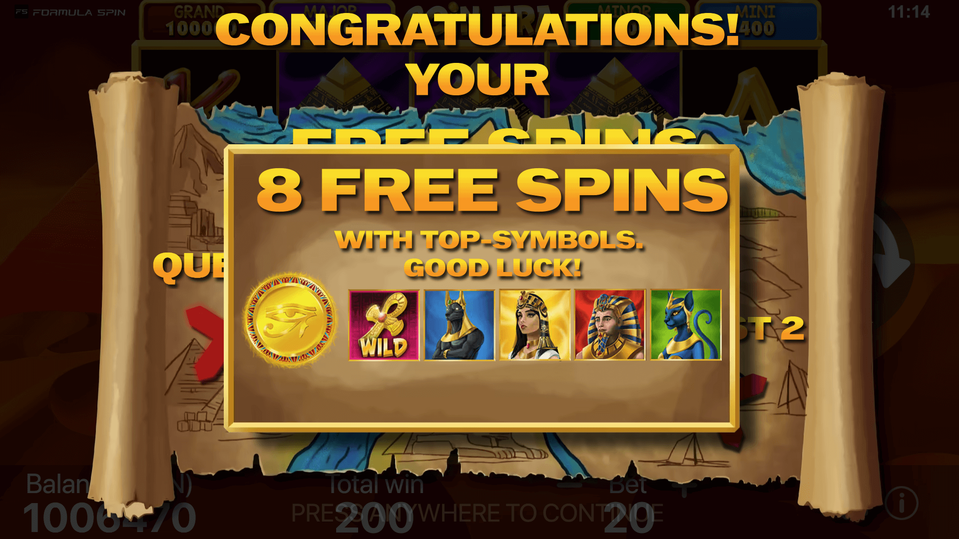Coin Era Free Spin Start – Formula Spin Slot Feature Activation A screenshot showing the start of the Free Spin feature in Coin Era: Hold to Win, where players get free spins to increase their chances of winning.
