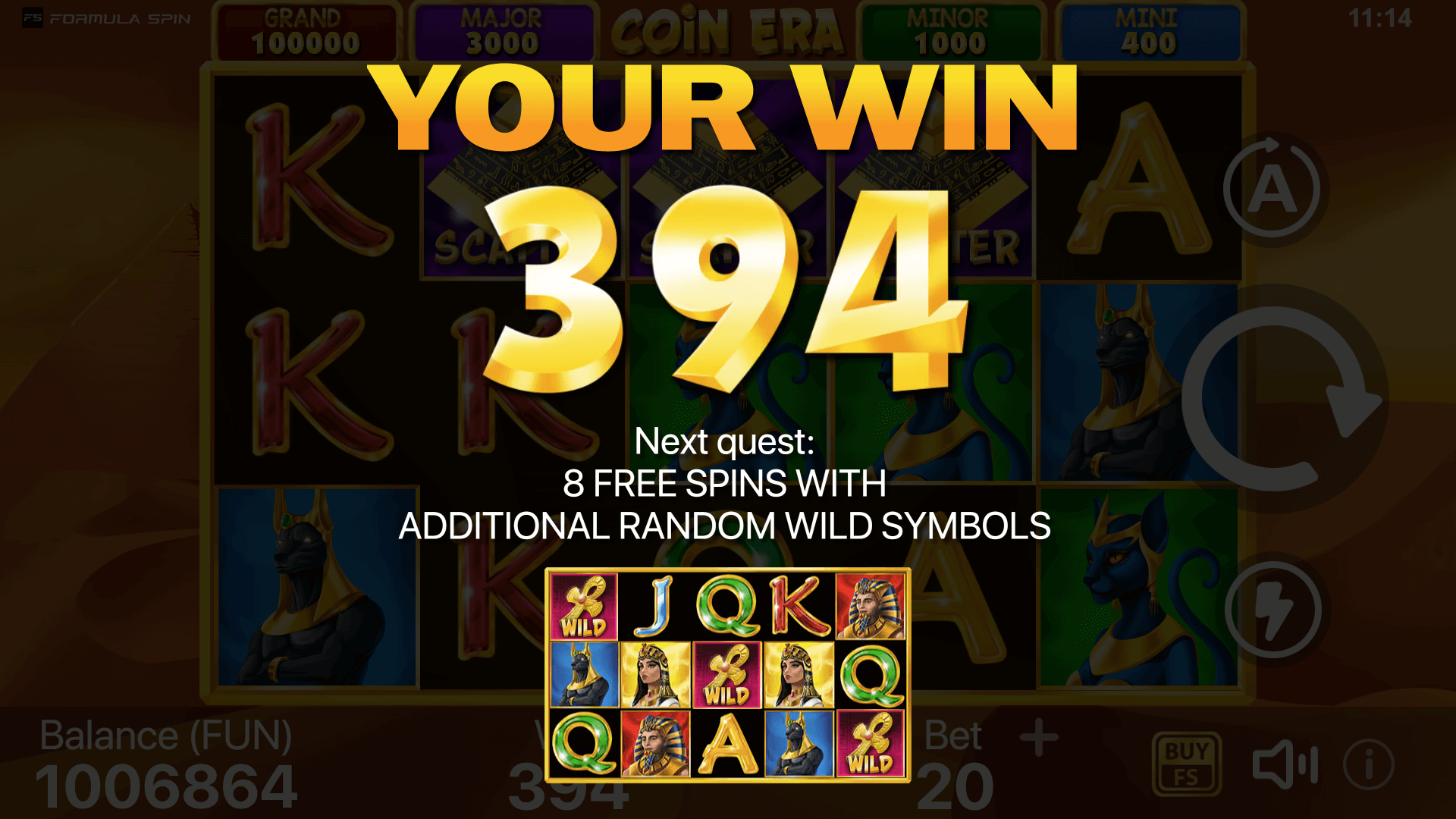 Coin Era Free Spin Win – Formula Spin Slot Free Spins Reward A screenshot showcasing a win during the Free Spin round in Coin Era: Hold to Win, with players earning additional rewards.