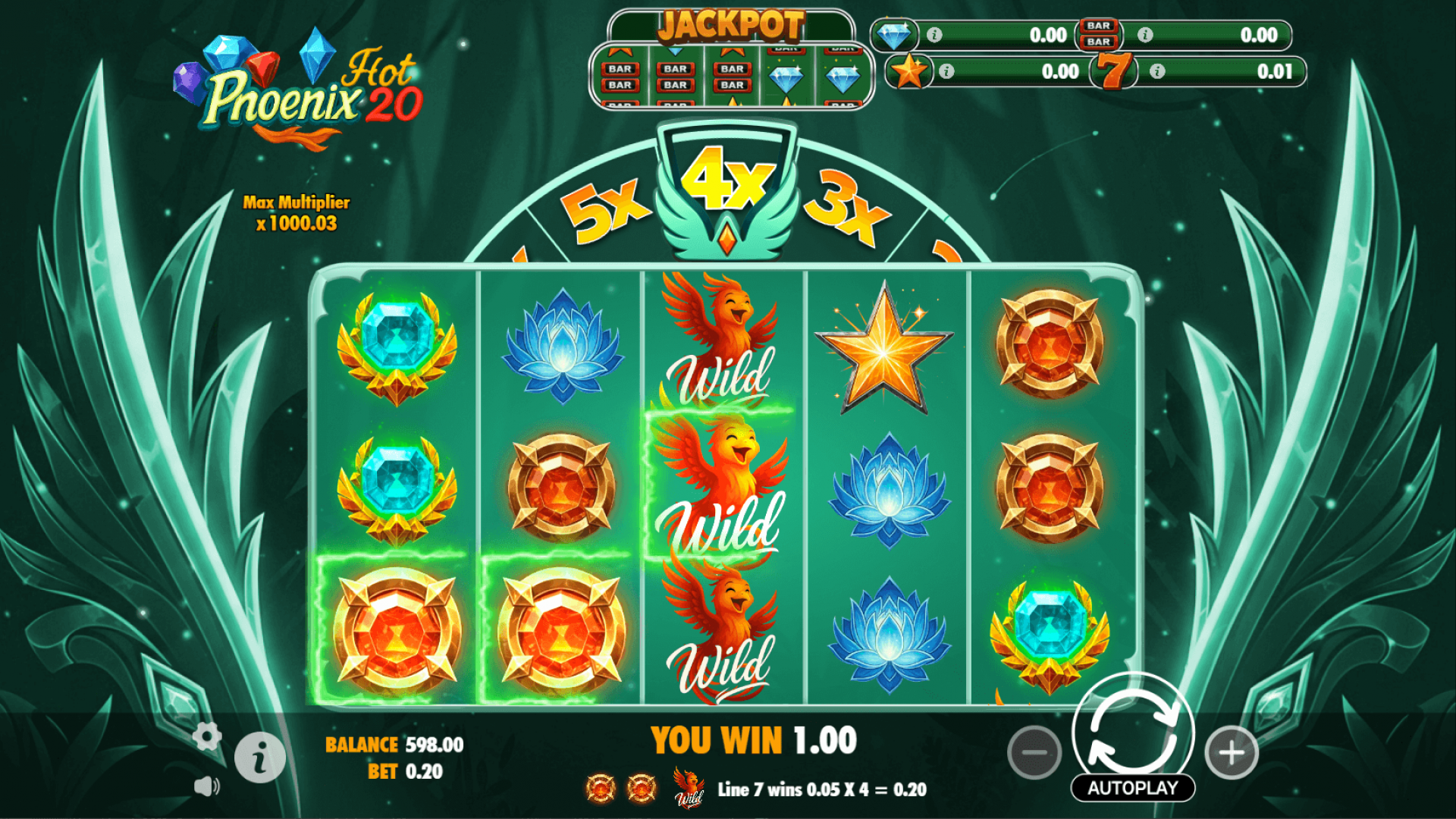 Phoenix Hot 20 base game screen with Global Multiplier Wheel Phoenix Hot 20 slot base game by Maracash Games showing 5×3 reels, wild symbols, and Global Multiplier Wheel