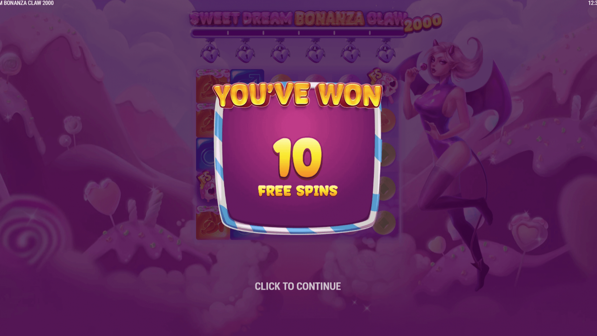 Free Spins Trigger — 10 Free Spins Awarded Free Spins triggered with 10 spins in Sweet Dream Bonanza Claw 2000; candy backdrop and claw icons signal a high-volatility bonus round.