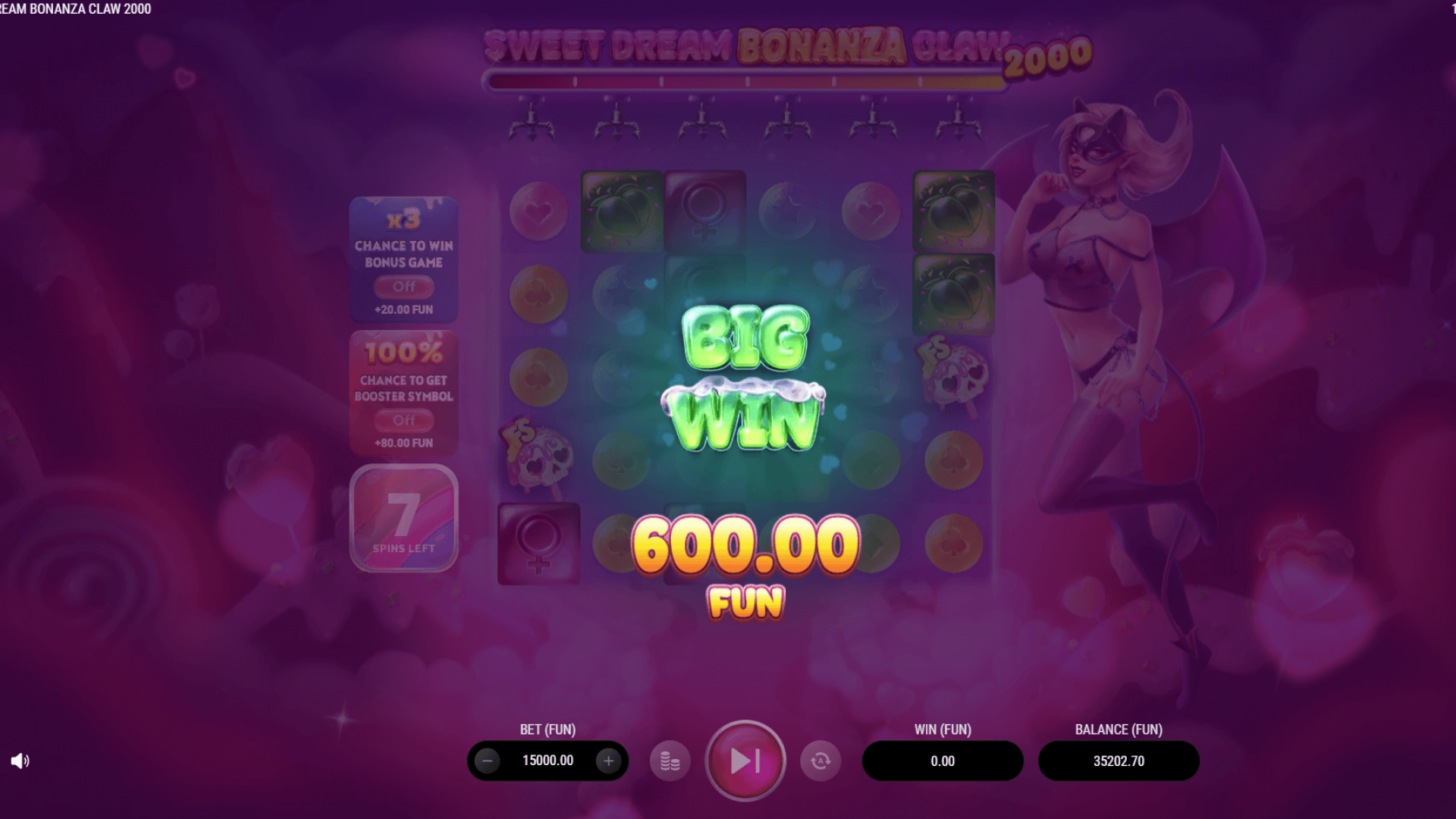 Big Win Screen — 600.00 FUN Big Win of 600.00 FUN during base play in Sweet Dream Bonanza Claw 2000; animated VFX/SFX highlight the arcade claw mechanic.