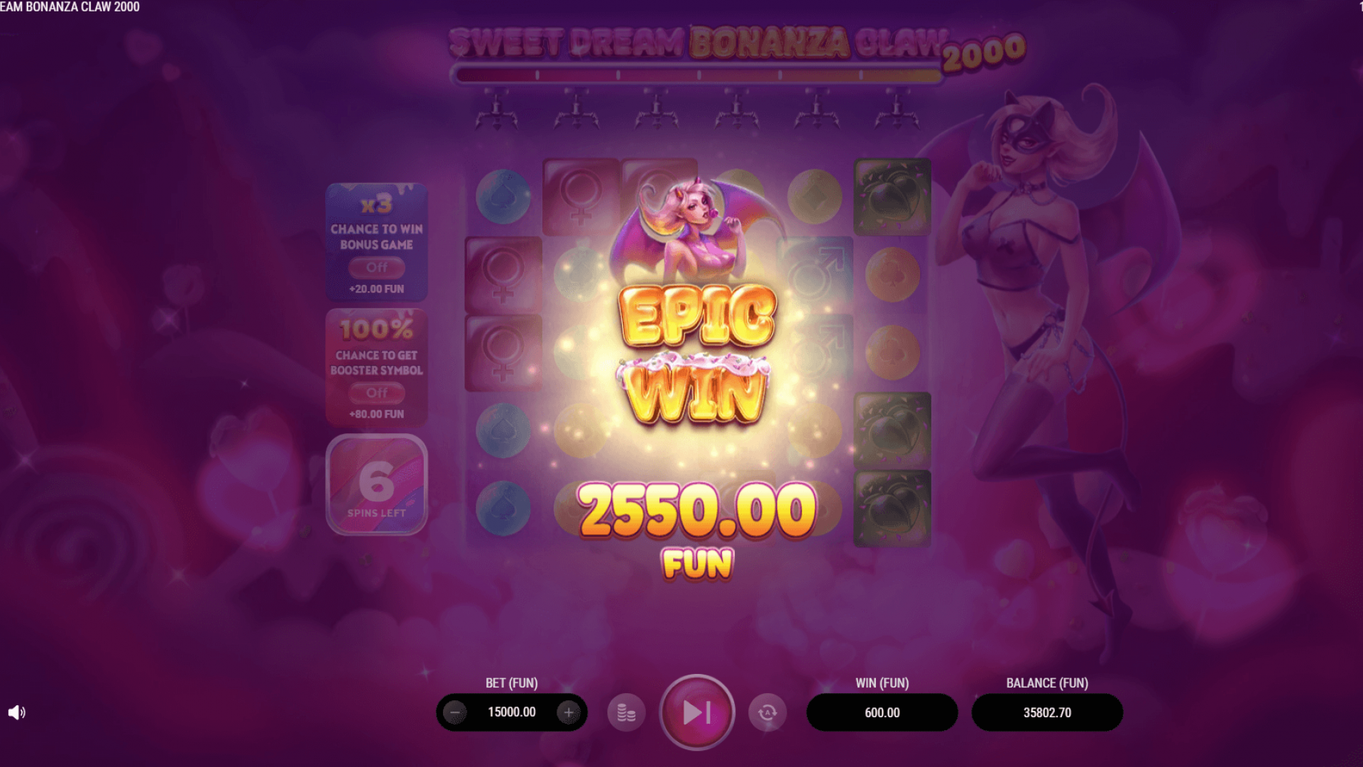 Epic Win Screen — 2550.00 FUN Epic Win of 2550.00 FUN in Sweet Dream Bonanza Claw 2000; claw-delivered multiplier creates a clip-worthy moment for iGaming promos and streams.