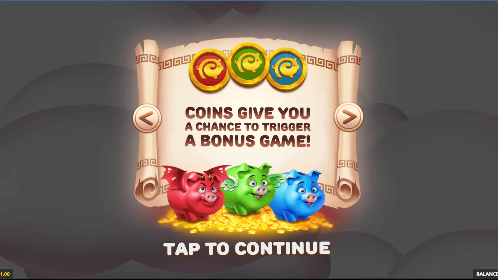 Olympigs Slot – Start Screen with Bonus Coin Feature | GameBeat via Timeless Tech Game Aggregator Start screen of Olympigs slot by GameBeat showing Zeus, Hades, and Ares pig characters with coin bonus feature.