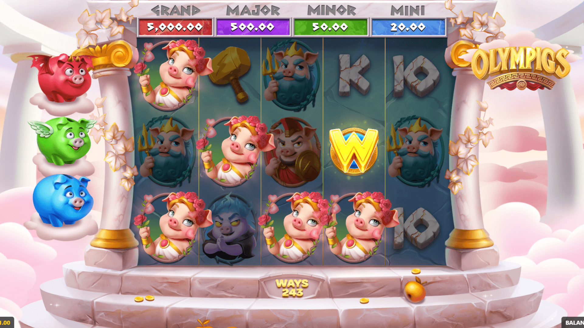 Olympigs Slot – Base Game with Wild Symbol | GameBeat iGaming Title Aggregated by Timeless Tech Base game reels of Olympigs slot by GameBeat showing wild symbol and jackpot bar on top.