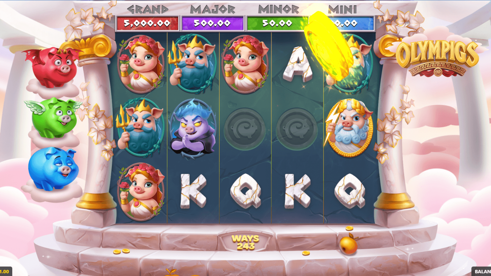 Olympigs Slot – Base Game with Coin Feature | GameBeat Title Available via Timeless Tech Game Aggregator Base game reels of Olympigs slot showing coin symbols triggering bonus game opportunity.