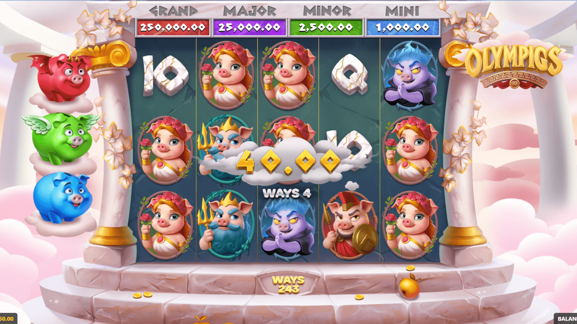 Olympigs Slot – Base Game Win with 243 Ways | GameBeat Slot on Timeless Tech iGaming Aggregator Winning combination on Olympigs slot base game with Aphrodite pig and 243 ways displayed.