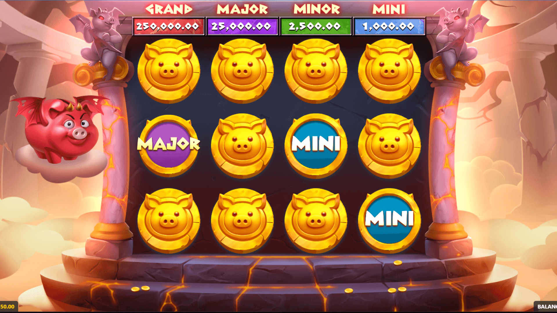 Olympigs Slot – Bonus Game with Jackpot Coins | GameBeat iGaming Title via Timeless Tech Olympigs bonus game screen showing coin symbols with Grand, Major, Minor, and Mini jackpot options.