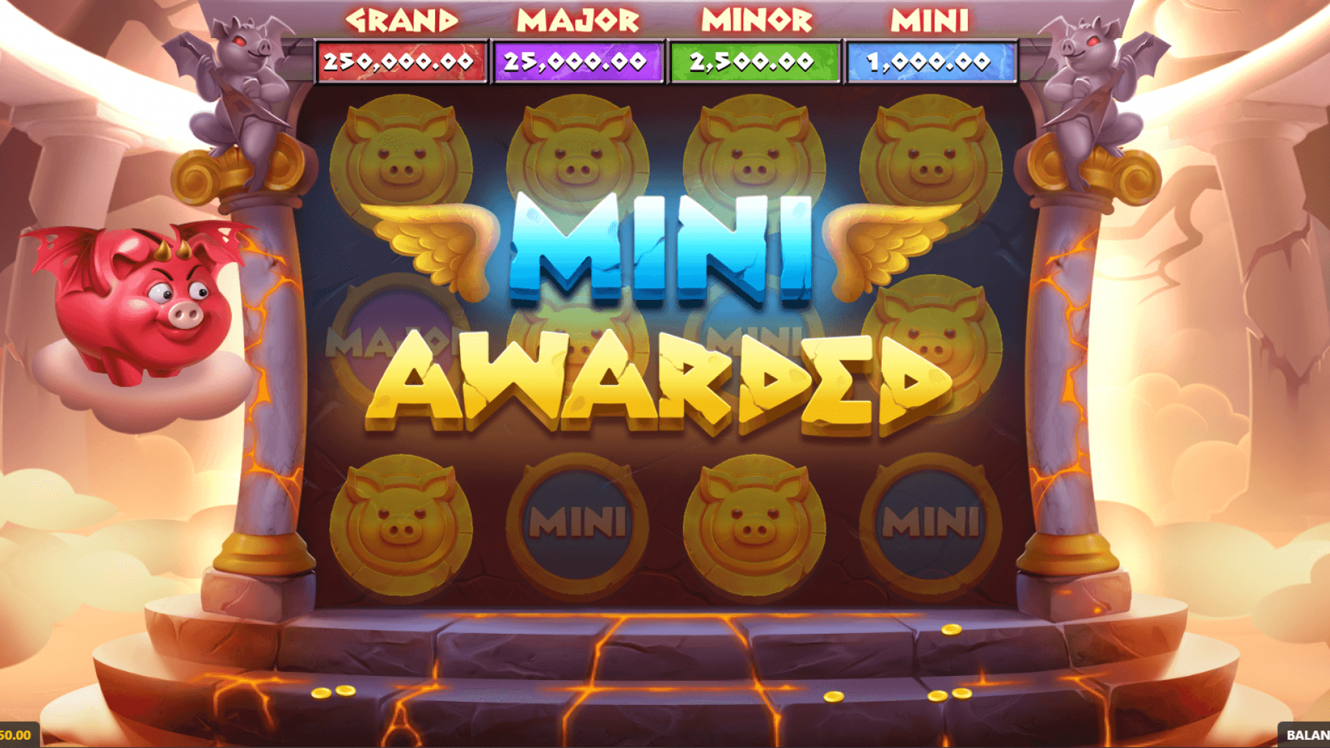 Olympigs Slot – Mini Bonus Awarded | GameBeat Title Aggregated by Timeless Tech iGaming Platform Olympigs slot bonus game awarding the Mini jackpot with highlighted golden coin symbols.