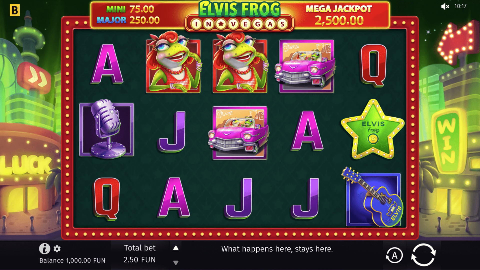 Elvis Frog in Vegas Slot – Base Game Base game screen of Elvis Frog in Vegas showing the reels, symbols, and major jackpot.