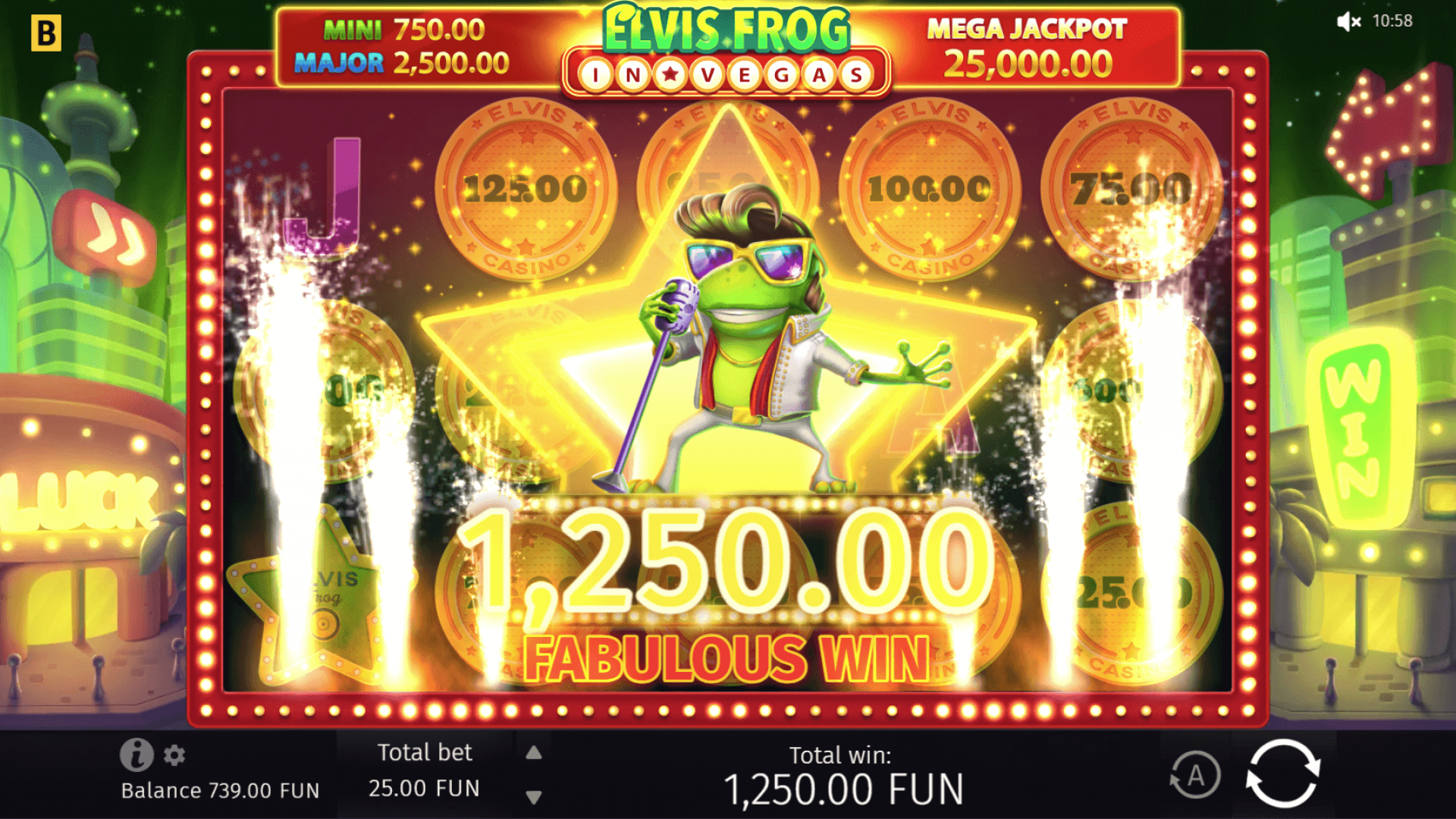 Elvis Frog in Vegas Slot – Mega Win Mega win screen in Elvis Frog in Vegas showing a fabulous win of 1,250.00 FUN with fireworks.