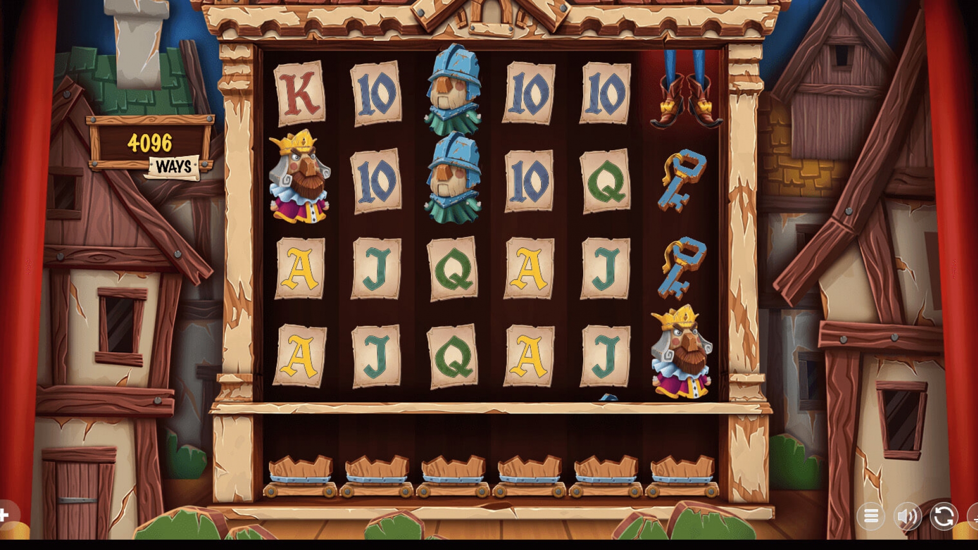 Screenshot of the Fawkes slot base game by Wicked Games, showing the 6-reel layout, 4096 ways to win, and core character symbols displayed on stage-style wooden reels.