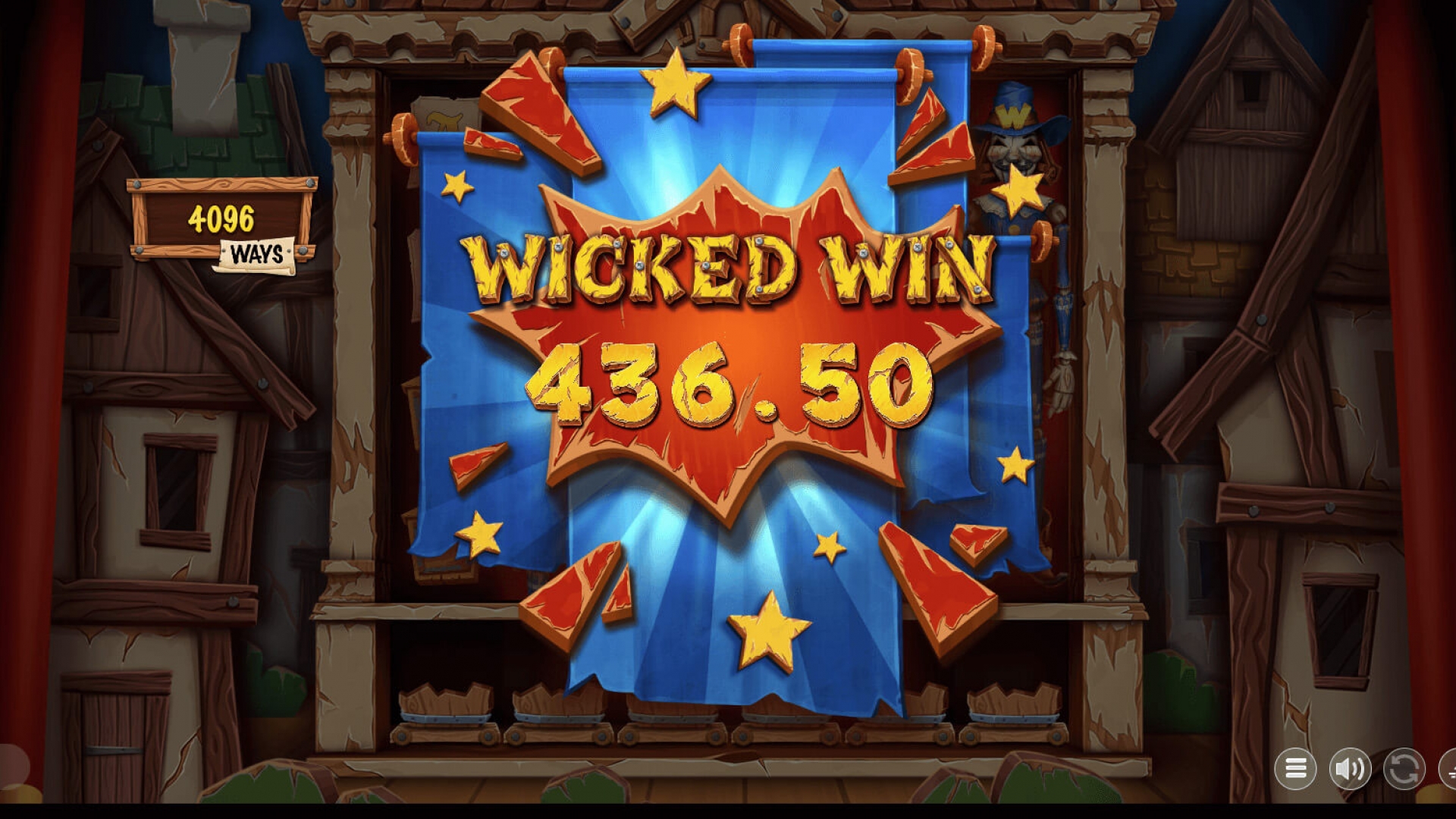 Big win animation from Fawkes showing the “Wicked Win” banner with a €436.50 payout, presented on a theatrical stage backdrop with explosive star graphics.