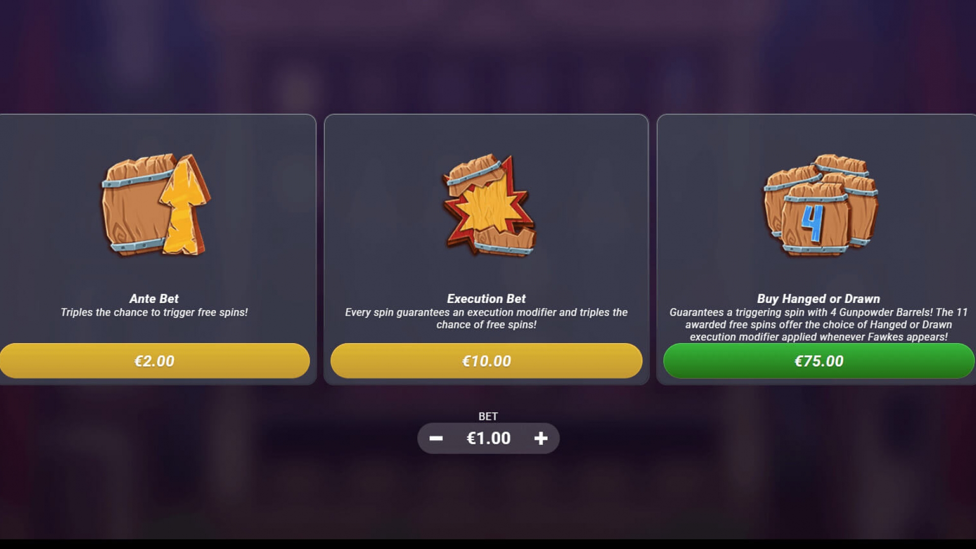 Screenshot of the Fawkes Bonus Buy menu featuring Ante Bet, Execution Bet, and Buy Hanged or Drawn Free Spins options, each with different modifiers and price points.