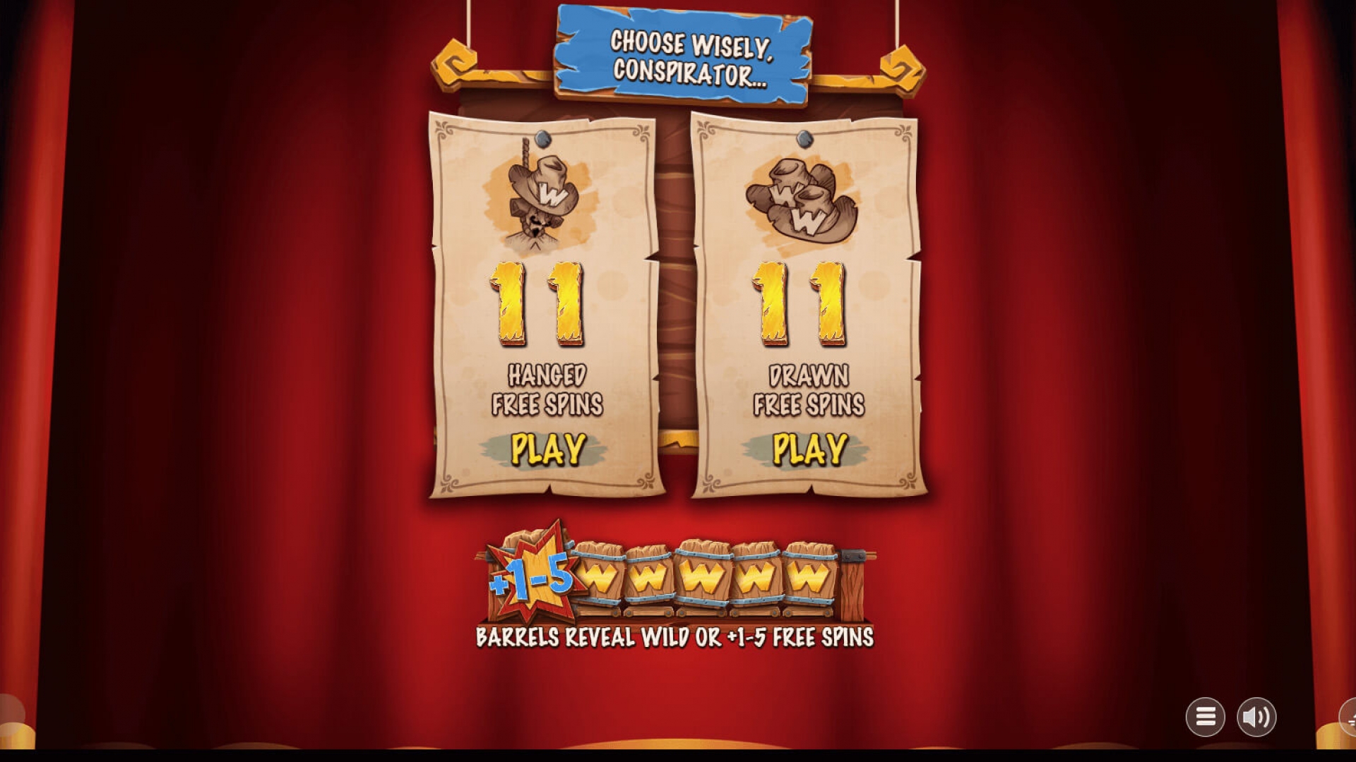 Pre-game free spins selection screen in Fawkes, allowing players to choose between 11 Hanged Free Spins or 11 Drawn Free Spins, with bonus barrels shown below the stage curtain.