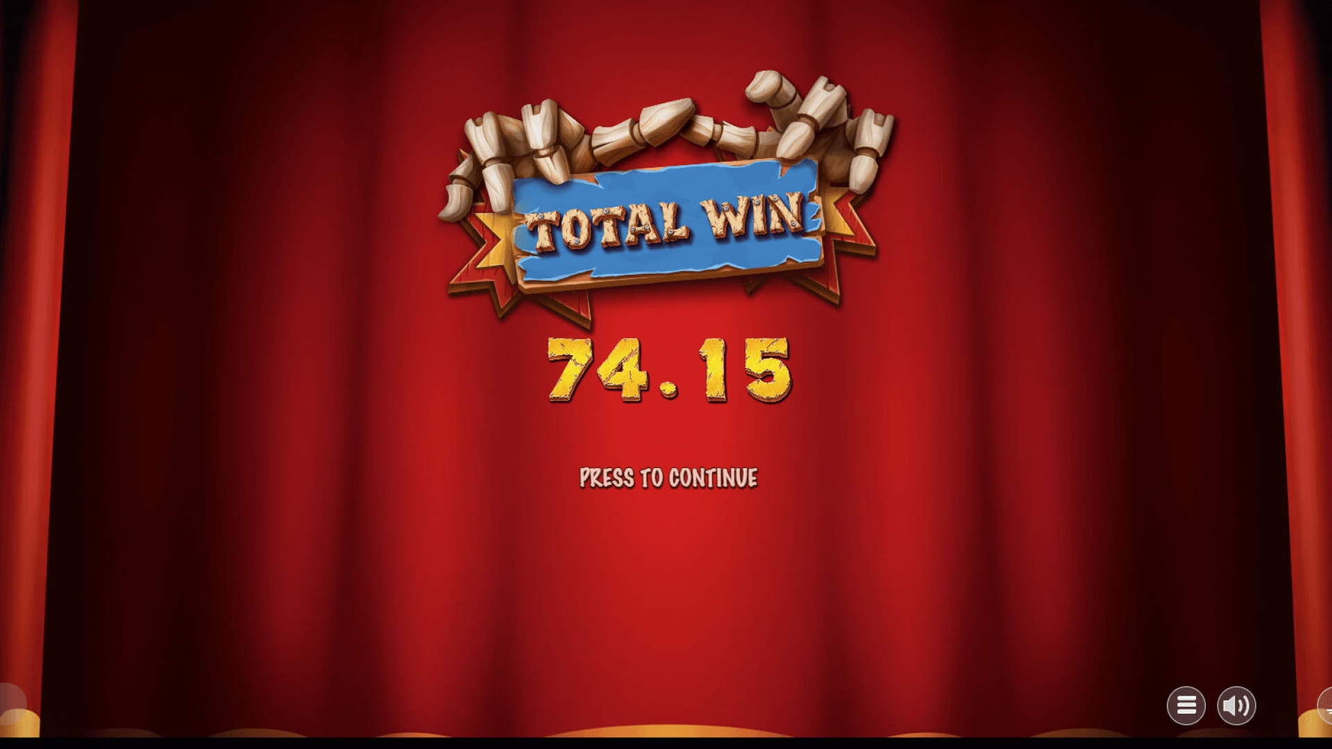 Final win screen from the Fawkes free spins round, displaying the “Total Win” banner with a €74.15 payout against the red theater curtain background.