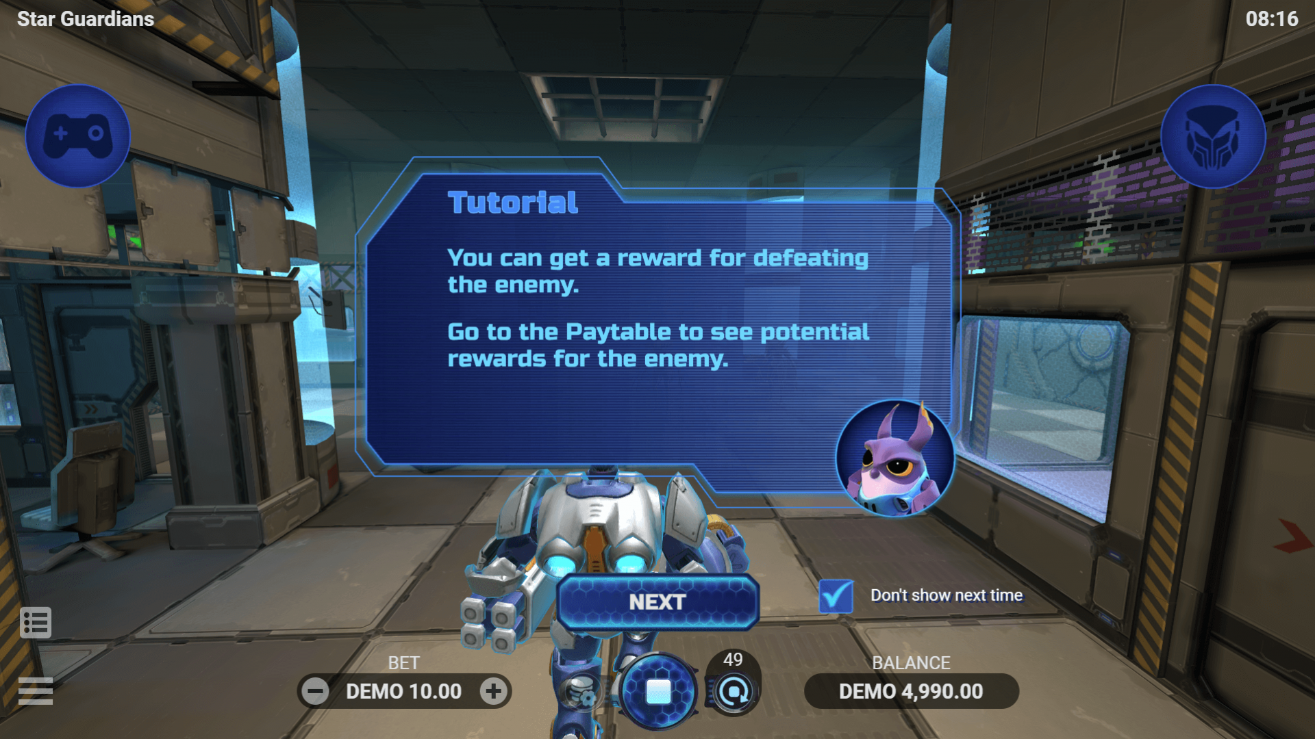 First Tutorial Screen - Star Guardians by Evoplay for iGaming First tutorial screen in Star Guardians by Evoplay, guiding iGaming players through online casino shooter mechanics.