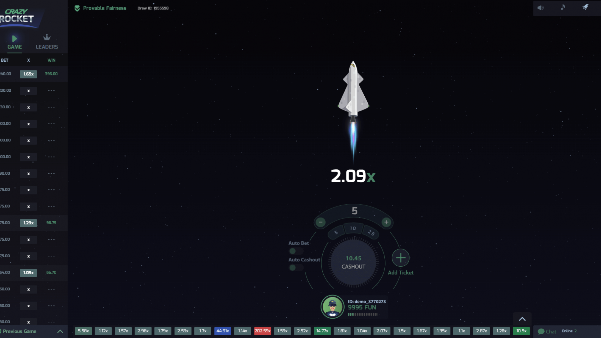 Crazy Rocket single-rocket round showing high (~4x) multiplier and clear cashout timing window.