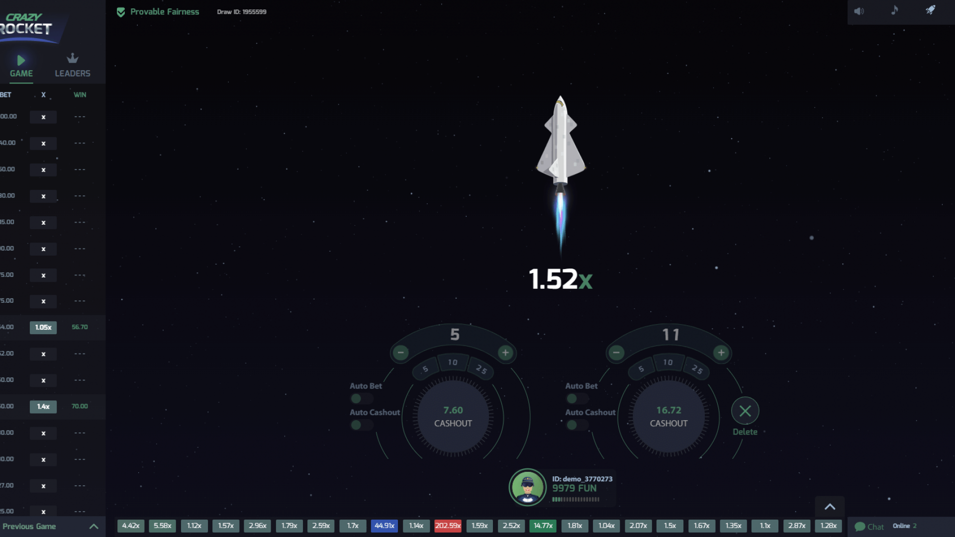Crazy Rocket interface with two bet dials active (Add Ticket), Auto Bet and Auto-Cashout ready.