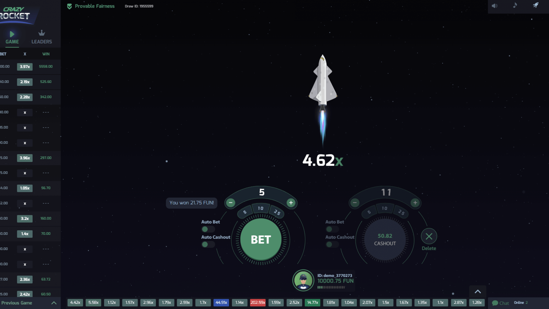 One ticket cashed out while the rocket keeps rising; second bet still live; previous multiplier history visible.