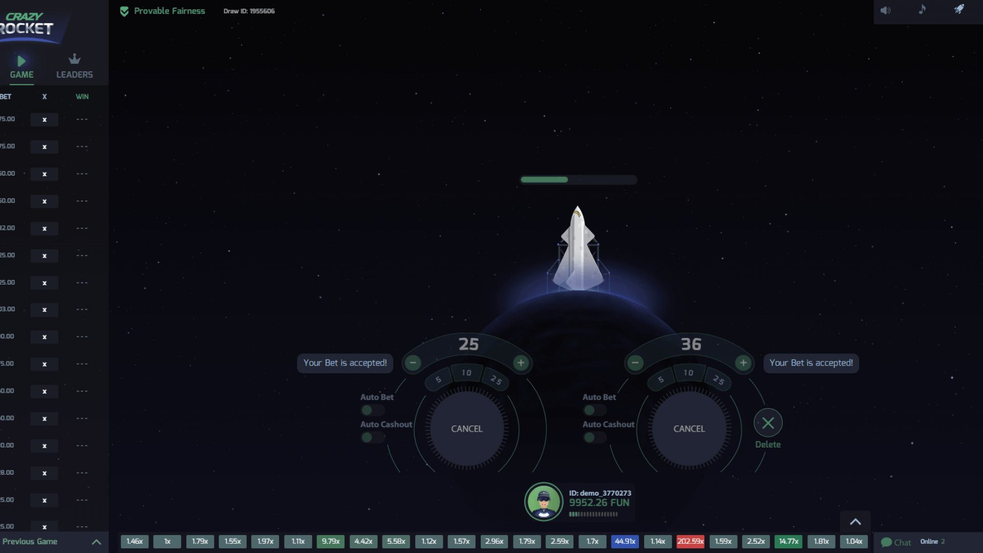 Pre-launch screen confirms two accepted bets; Auto Bet/Auto-Cashout controls and “Provable Fairness” indicator visible.