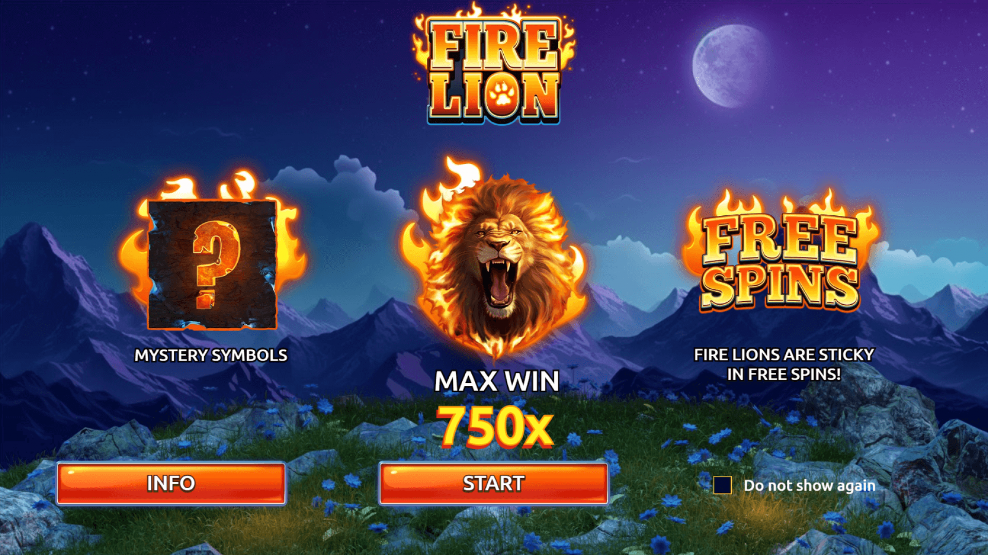 Fire Lion Slot Introduction Screen by AirDice Introduction screen for Fire Lion slot game by AirDice, showcasing the fiery lion and savanna-themed design.