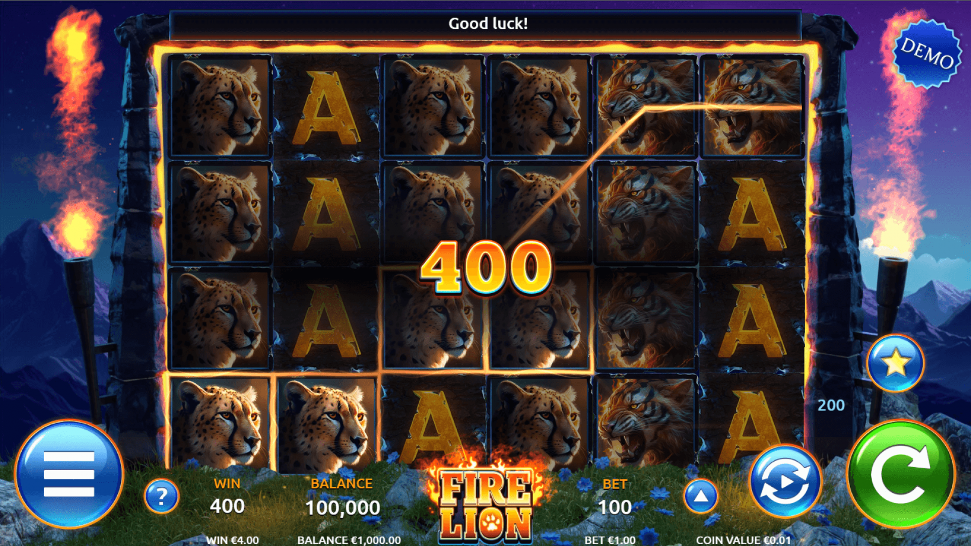 Fire Lion Slot Base Game Grid and Symbols Fire Lion slot base game screen with a 6x4 grid, featuring symbols of lions, tigers, and cheetahs in a savanna setting.