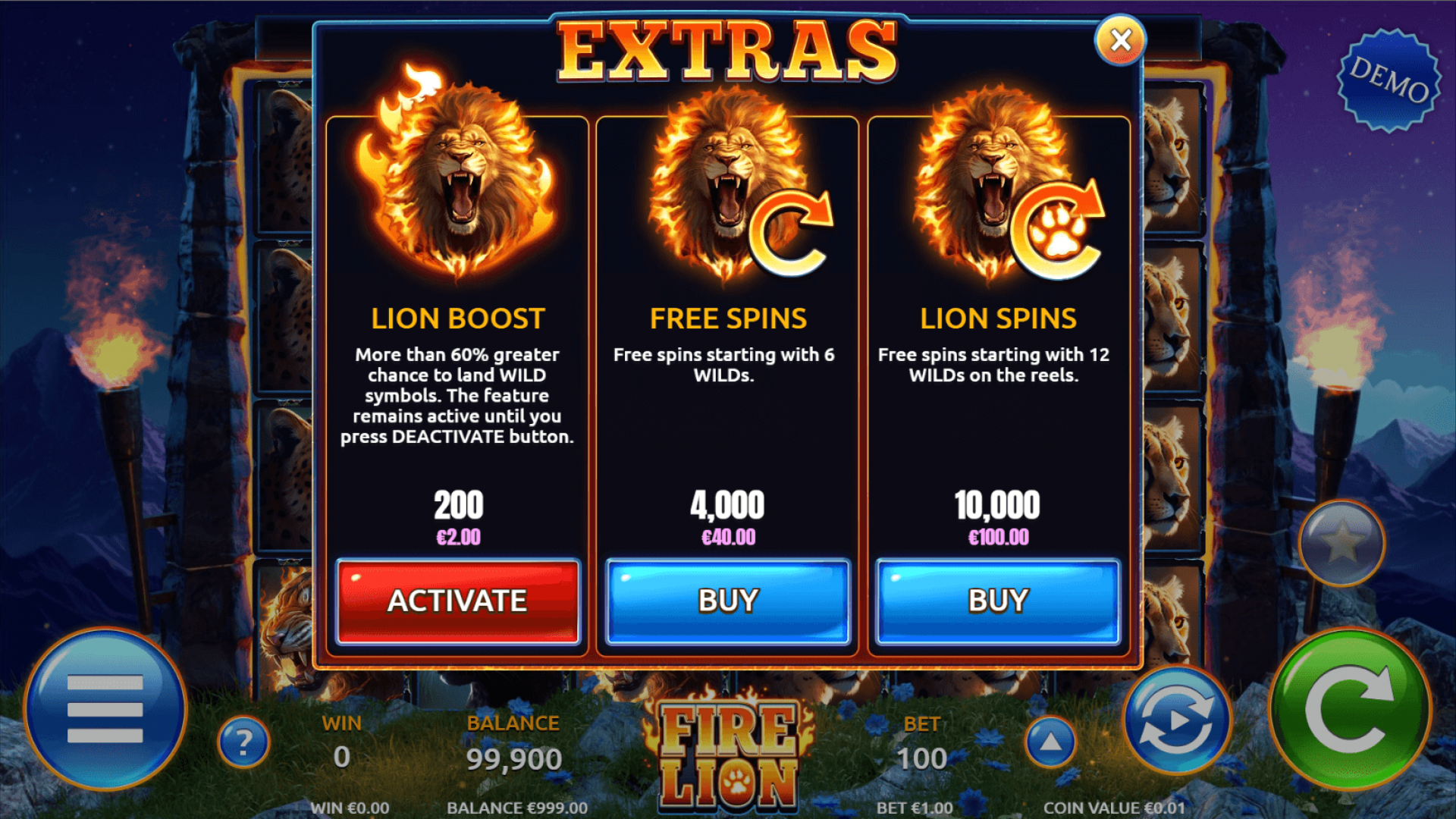 Fire Lion Slot Extra Features Highlight Screenshot highlighting the extra features in Fire Lion, including Free Spins and the Bonus Wheel.