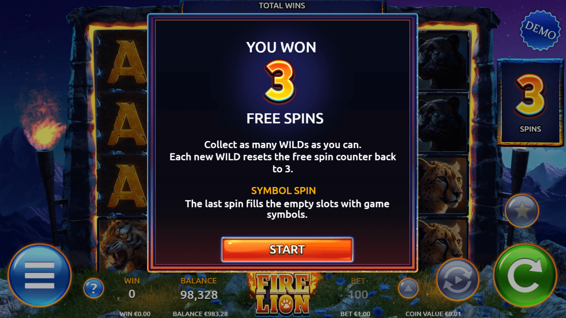 Fire Lion Slot Free Spins Mode Fire Lion slot game in Free Spins mode, showcasing enhanced paylines and exciting win potential.