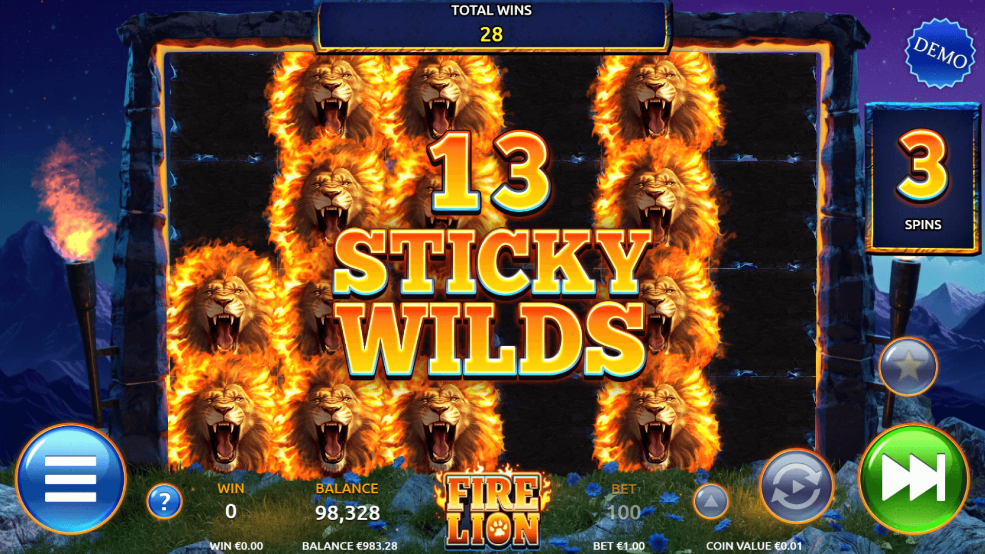 Fire Lion Slot Expanding Wild Feature Fire Lion slot game showing the expanding wild feature with the majestic Fire Lion symbol covering the reels.