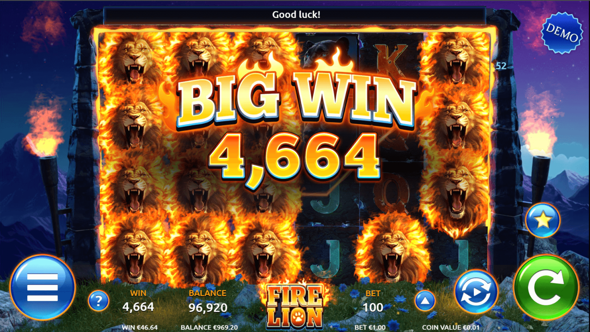 Fire Lion Slot Big Win Celebration Big win celebration in Fire Lion slot by AirDice, with fiery visuals and rewarding payouts.